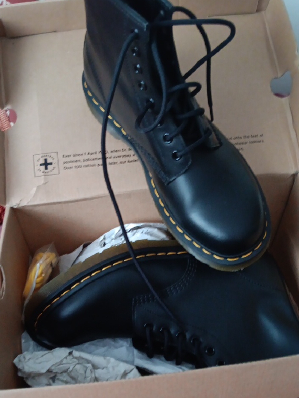 NEW! Dr. Martens Black Leather Lace-Up Boots with Yellow Stitching Fits 11 Women